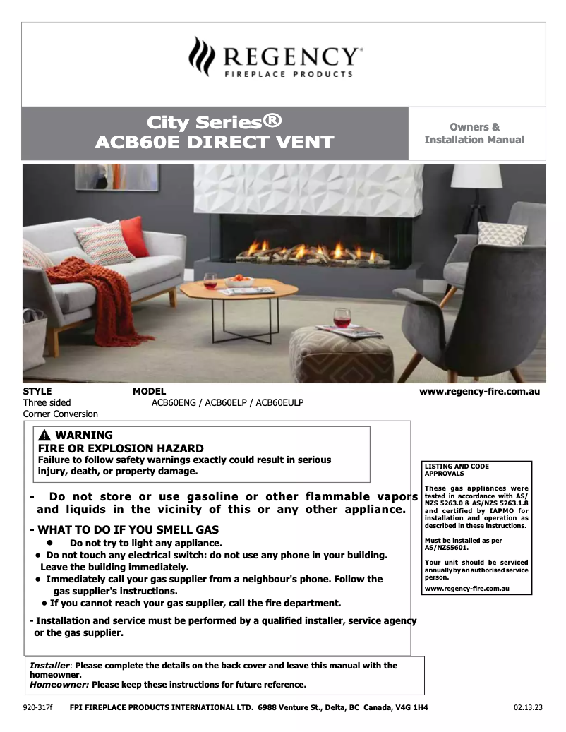 Page 1 de la notice Manuel utilisateur Regency City Series San Francisco Bay 60 ACB60E