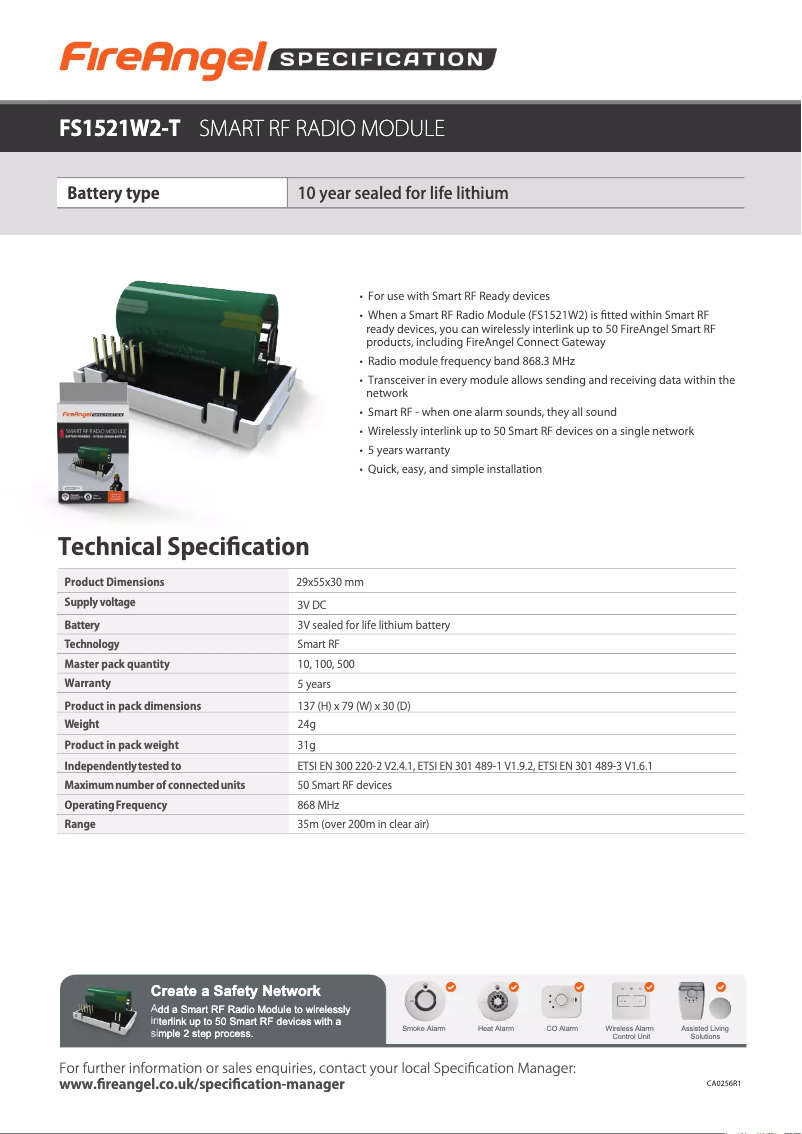 Page 1 de la notice Fiche technique FireAngel FS1521W2-T