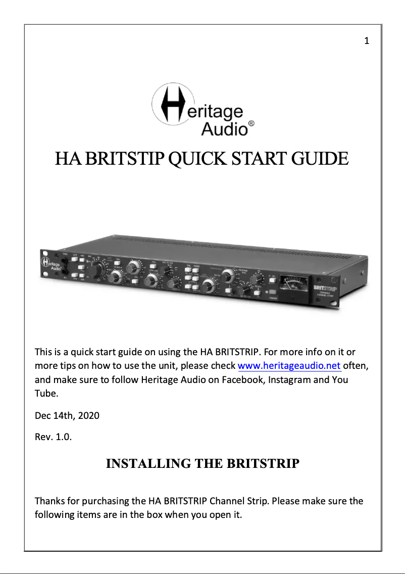 Page 1 de la notice Manuel utilisateur Heritage Audio BritStrip