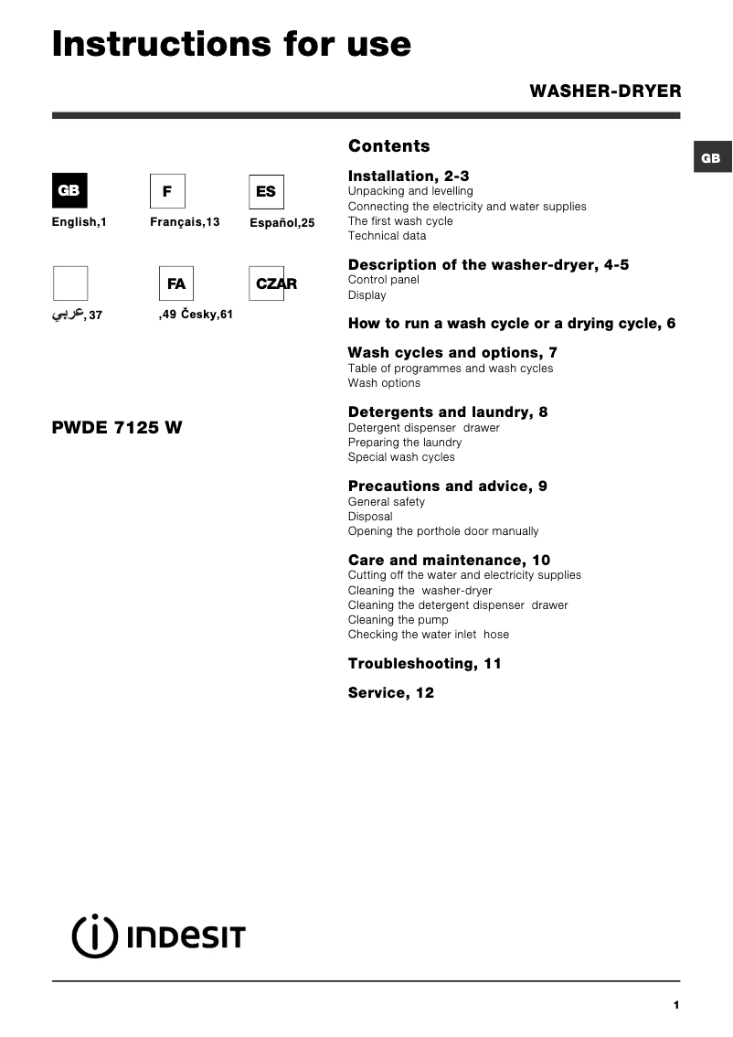 Page n°1 - Manuel utilisateur Indesit PWDE 7125 W