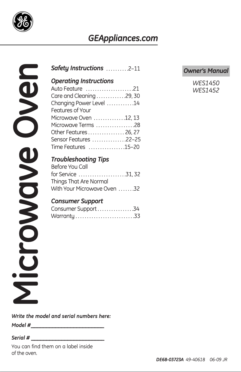 Page 1 of the manual User Manual GE WES1450DNBB
