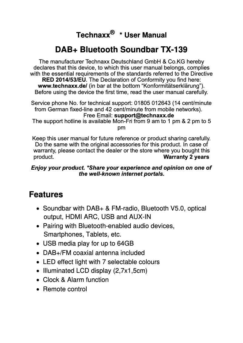 Page 1 de la notice Manuel utilisateur Technaxx TX-139