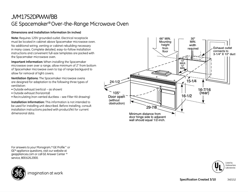 Página 1 del manual Ficha técnica GE JVM1752DPBB