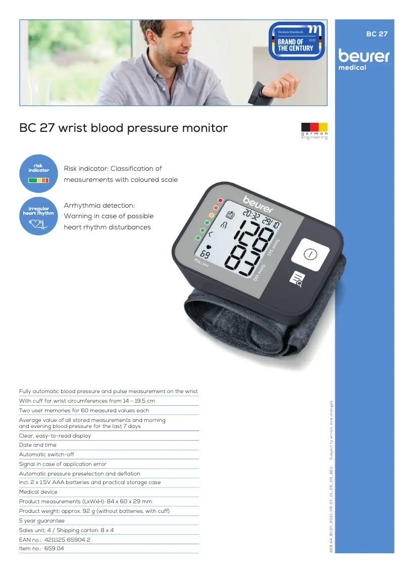 Page 1 de la notice Fiche technique Beurer BC 27