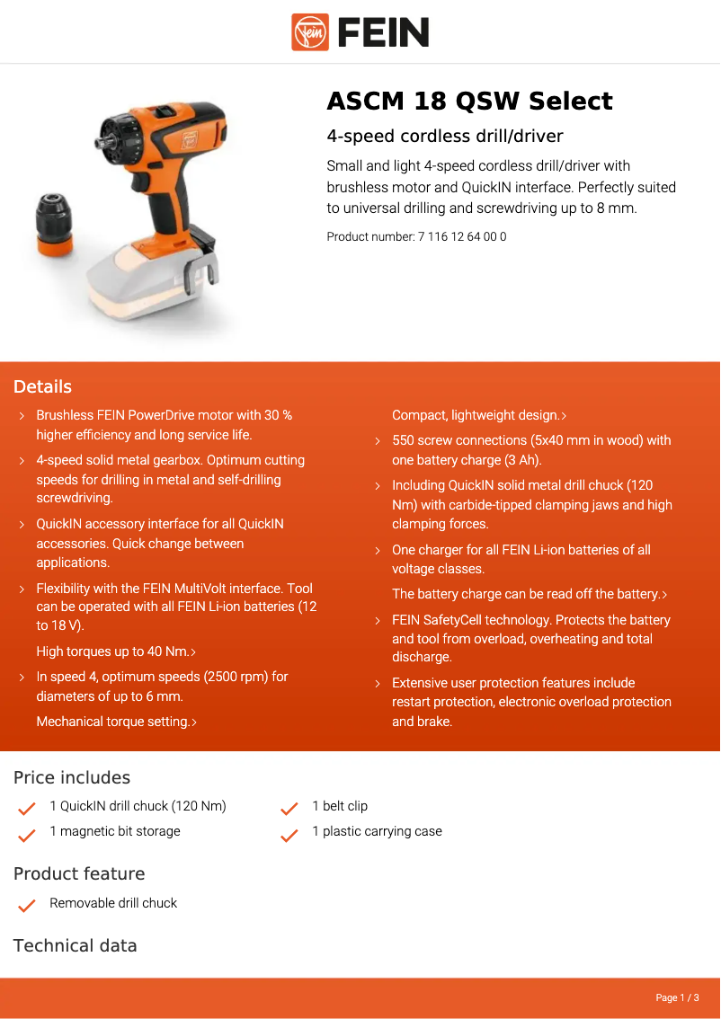 Page n°1 - Fiche technique Fein ASCM 18 QSW Select