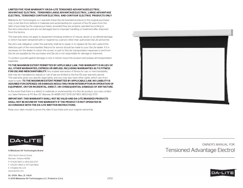 Page n°1 - Manuel utilisateur Da-Lite 91477LS