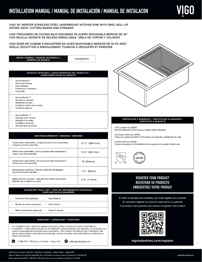 Page n°1 - Guide d'installation Vigo Mercer VGR3020CK1