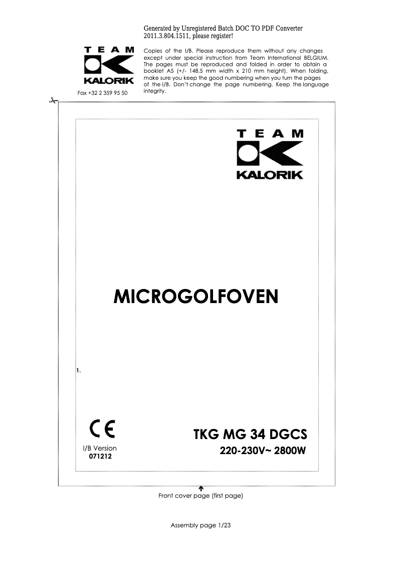 Image de la première page du manuel de l'appareil TKG MG 34 DGCS