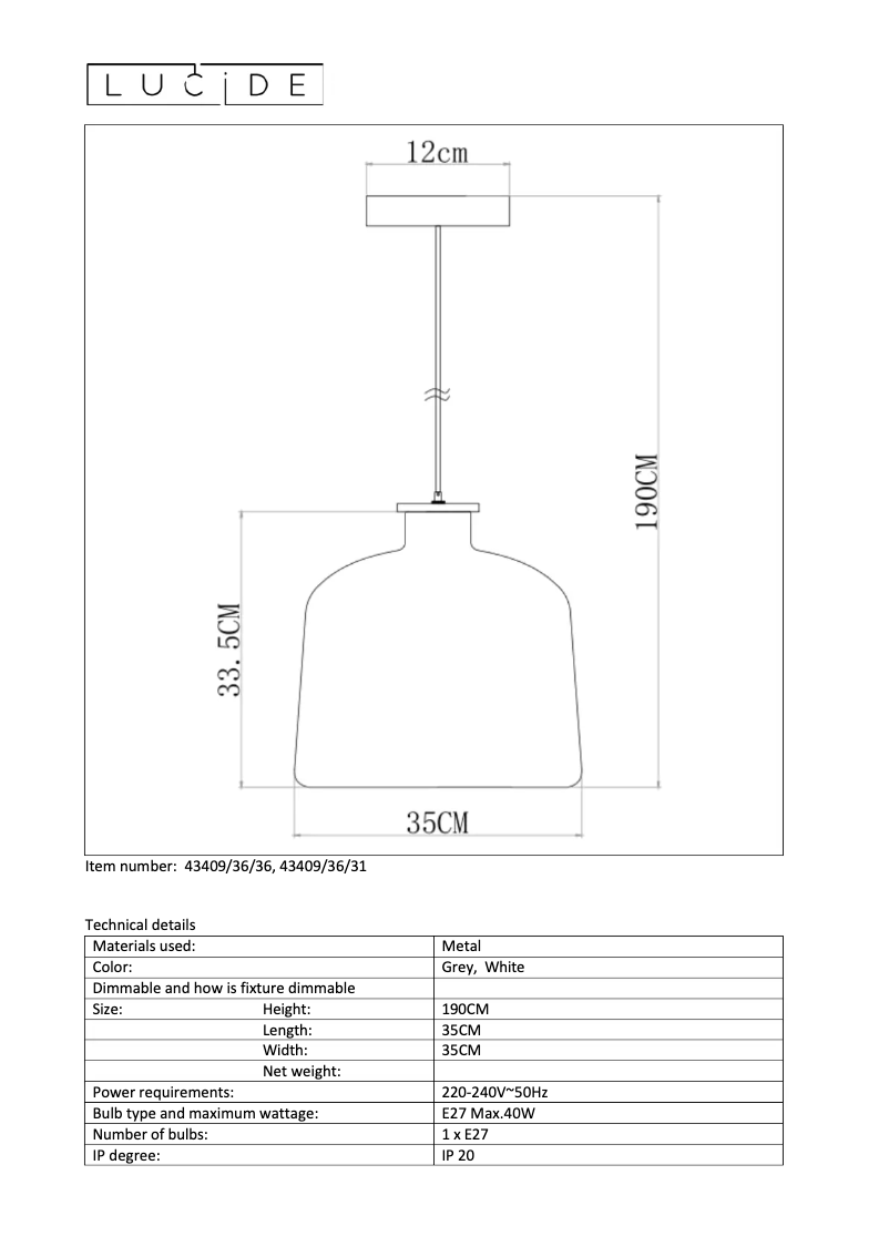 Page 1 de la notice Manuel utilisateur Lucide Graham 43409/36/36
