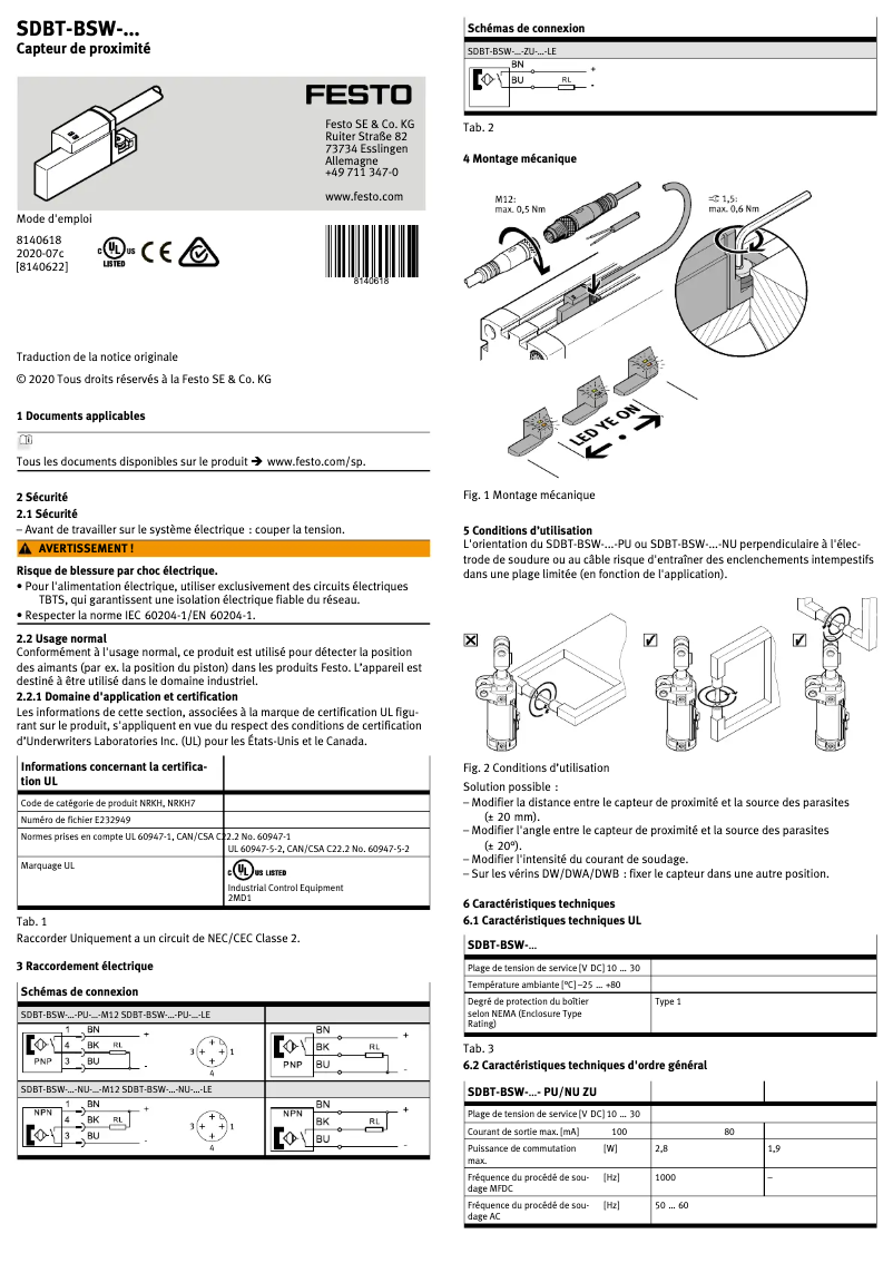 Page 1 de la notice Manuel utilisateur Festo SDBT-BSW-1L-ZU-W-5-N-LE