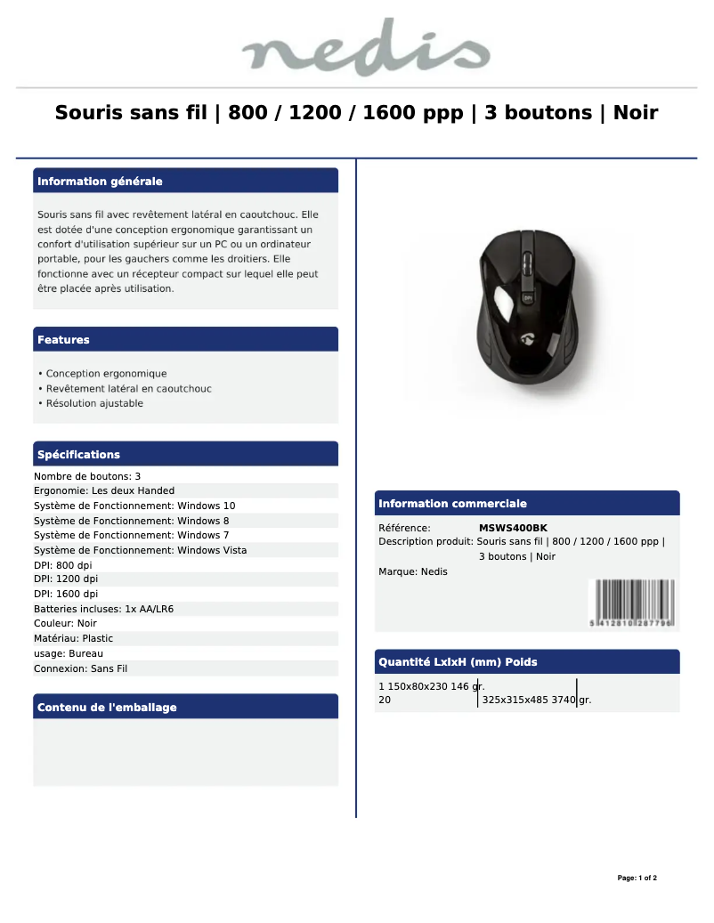 Page 1 de la notice Manuel utilisateur Nedis MSWS400BK