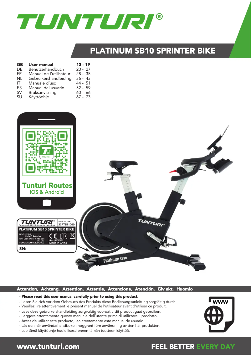 Page 1 de la notice Manuel utilisateur Tunturi Platinum SB10