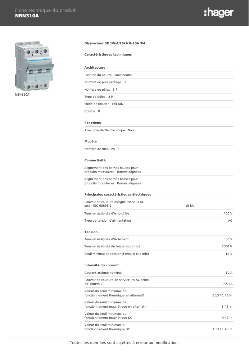 Page 1 de la notice Manuel utilisateur Hager NBN310A