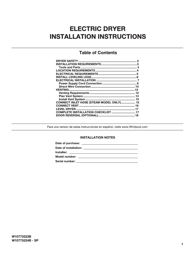 Page n°1 - Guide d'installation Maytag MED3500FW
