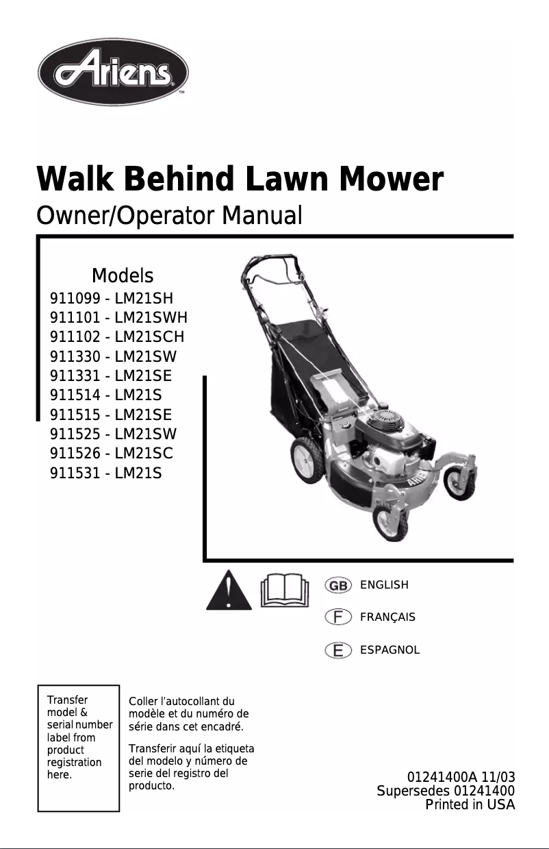 Page n°1 - Manuel utilisateur Ariens LM21SC