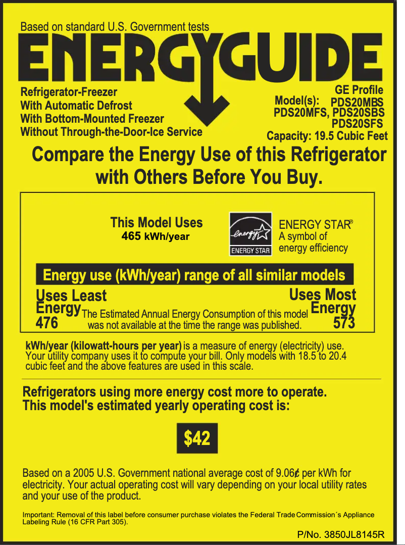 Page 1 de la notice Label énergétique GE PDS20MBSBB