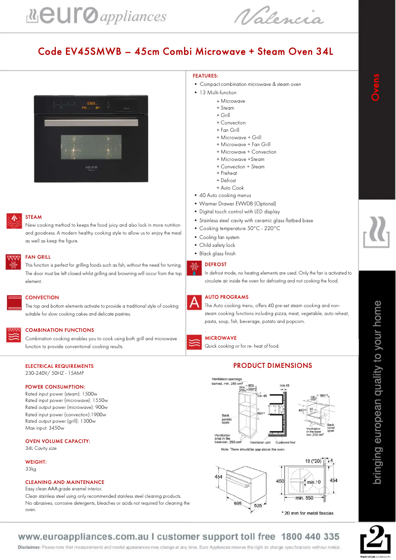 Page 1 de la notice Fiche technique Euro Appliances EV45SMWB