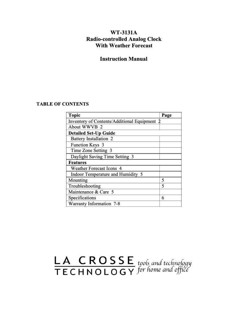 Page n°1 - Manuel utilisateur La Crosse Technology WT-3131A