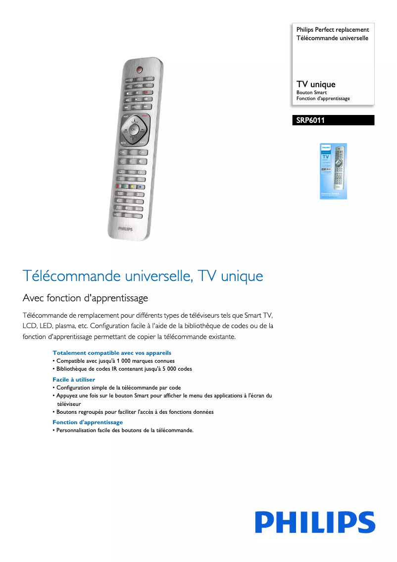 Page 1 de la notice Fiche technique Philips SRP6011