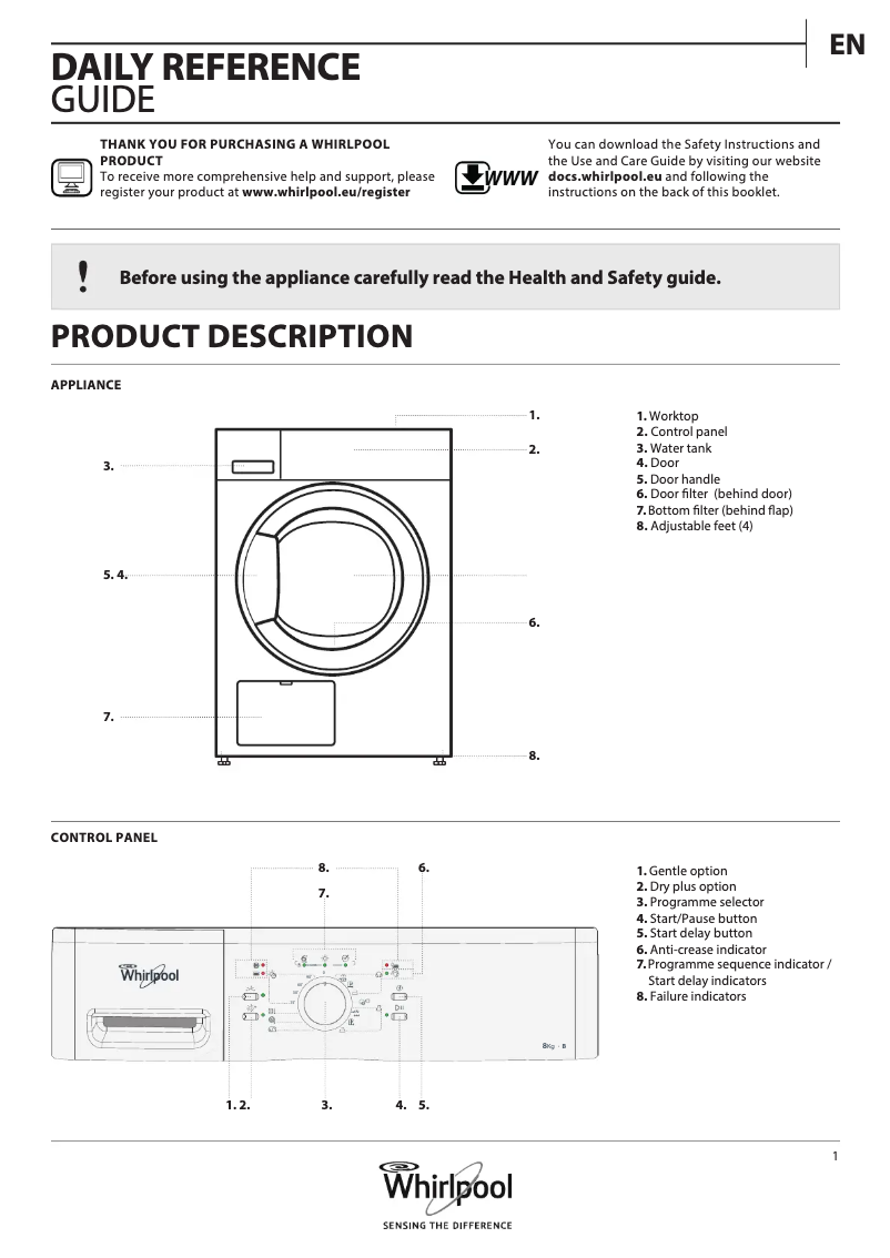 Page 1 de la notice Manuel utilisateur Whirlpool DDLX 80113