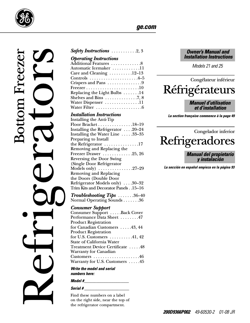 Page 1 de la notice Manuel d'utilisation et d'entretien GE Profile PFCF1PJXBB
