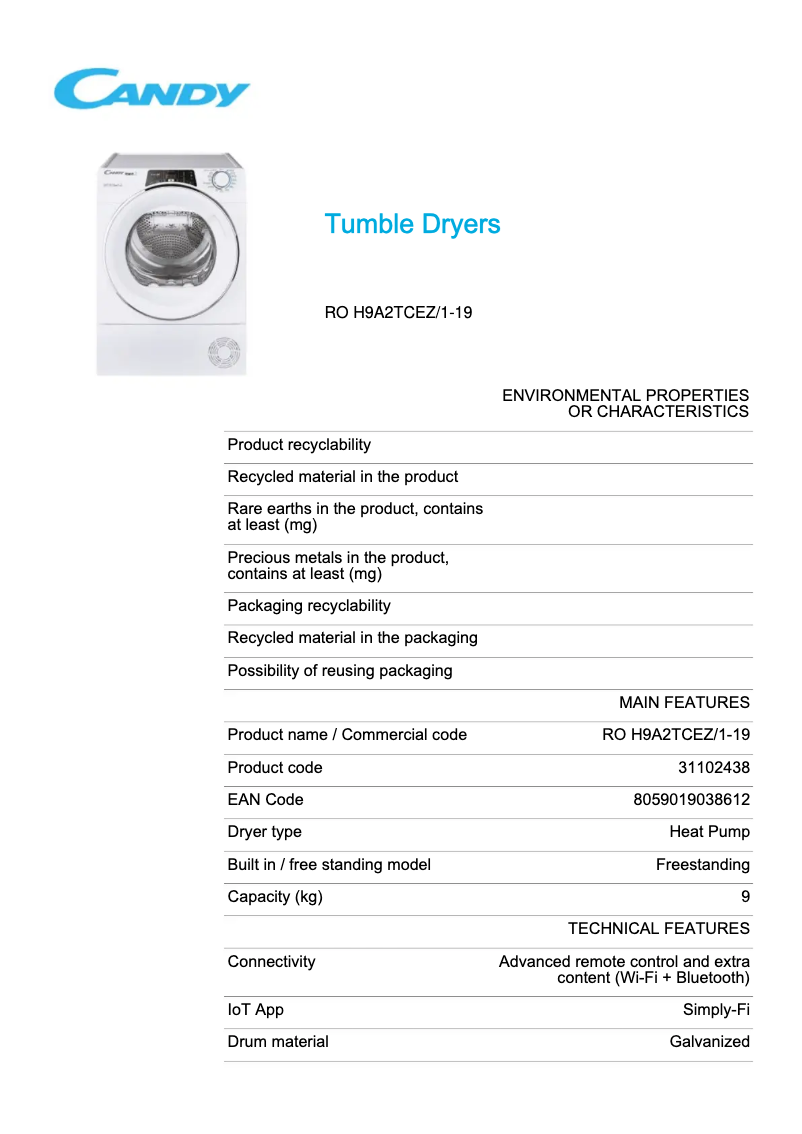 Page 1 de la notice Fiche technique Candy RO H9A2TCEZ/1-19