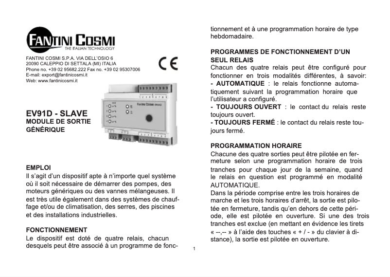 Page 1 de la notice Manuel utilisateur Fantini Cosmi EV91D