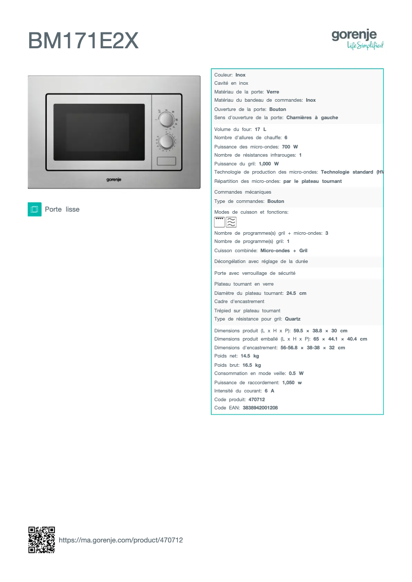 Page n°1 - Fiche technique Gorenje BM171E2X