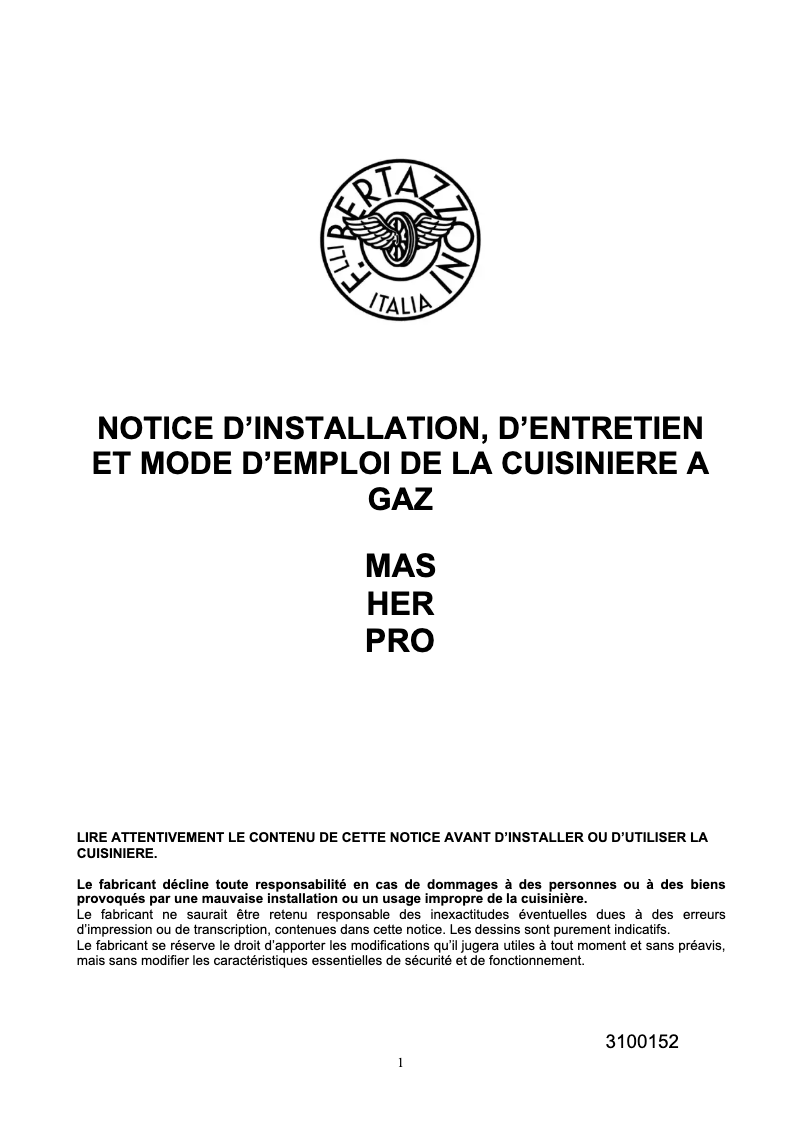 Page n°1 - Manuel utilisateur Bertazzoni HER106L2ENET