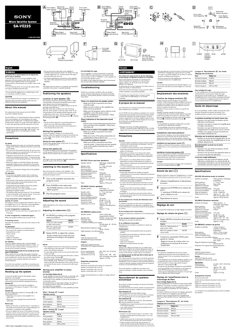 Page n°1 - Manuel utilisateur Sony SA-VE225