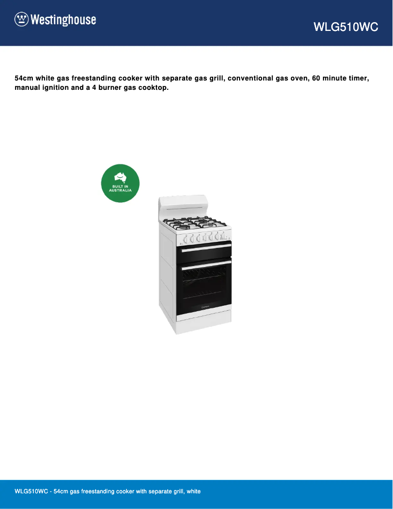 Page 1 de la notice Fiche technique Westinghouse WLG510WC