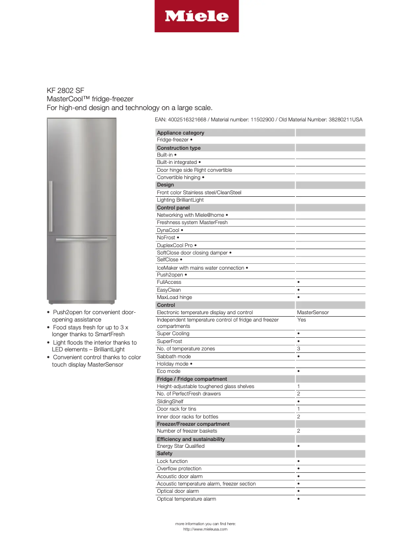 Page 1 de la notice Fiche technique Miele KF 2802 SF