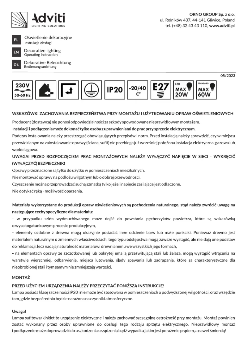 Page n°1 - Manuel utilisateur Adviti AD-LD-6361BE27T