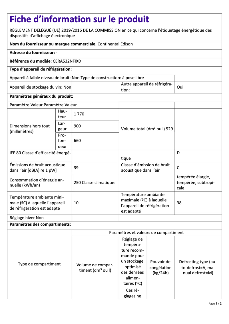 Page 1 of the manual Energy Label Continental Edison CERA532NFIXD