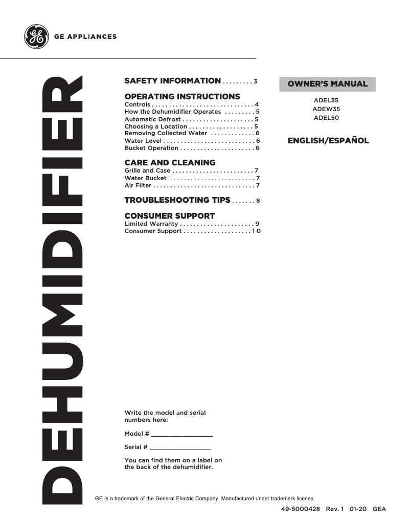 Page 1 de la notice Manuel utilisateur GE ADEL35LZ