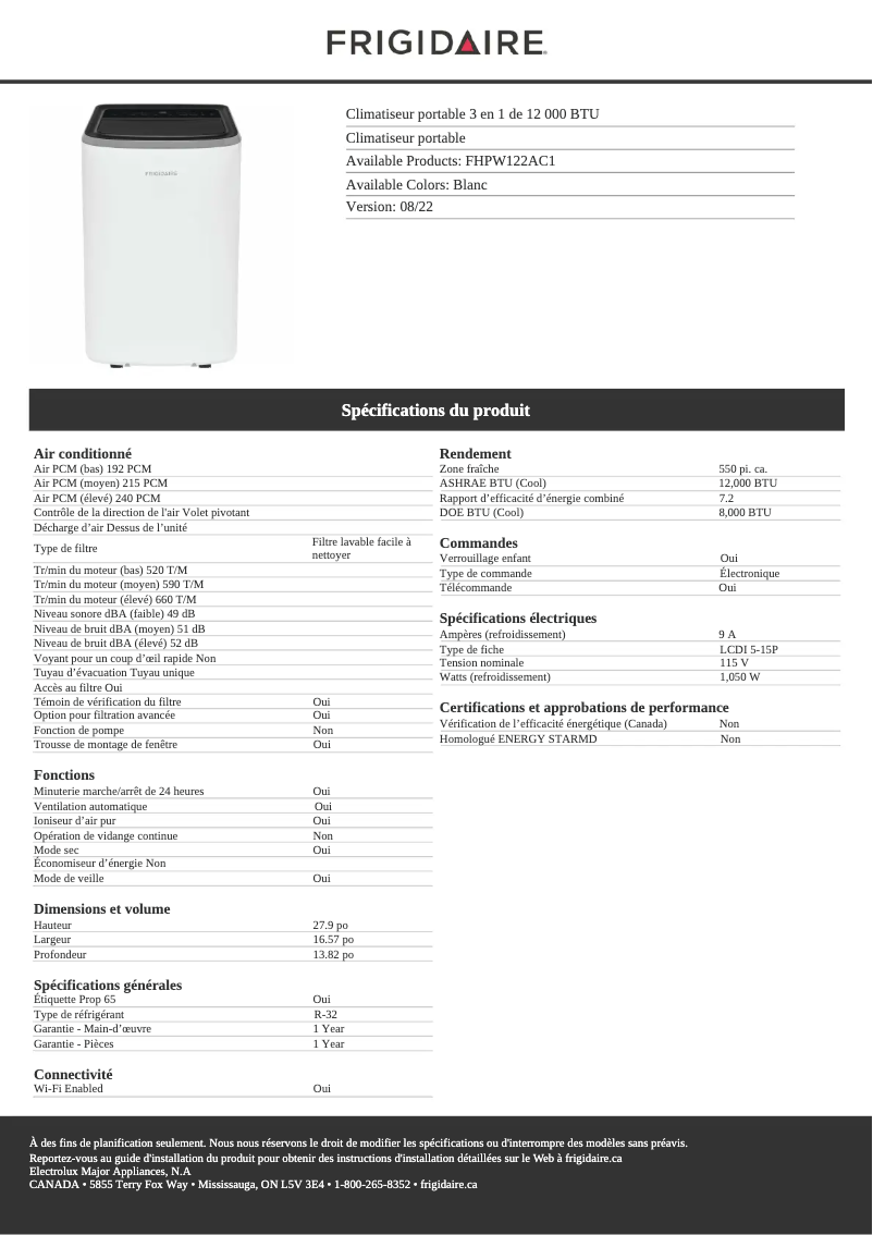 Page n°1 - Fiche technique Frigidaire FHPW122AC1