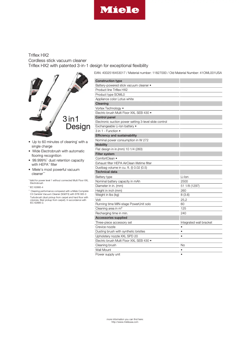 Page 1 de la notice Fiche technique Miele Triflex HX2 Lotus