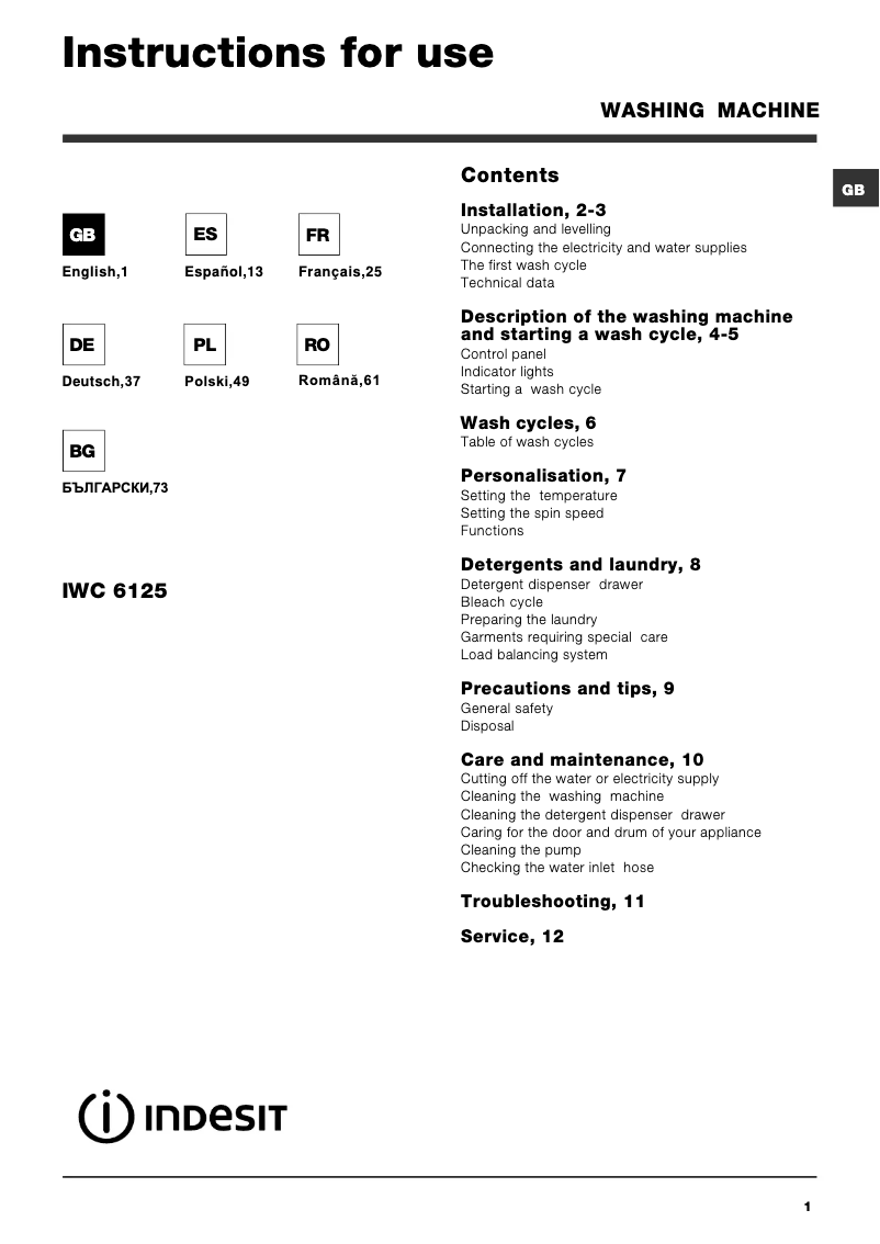 Page n°1 - Manuel utilisateur Indesit Maxi IWC 6125