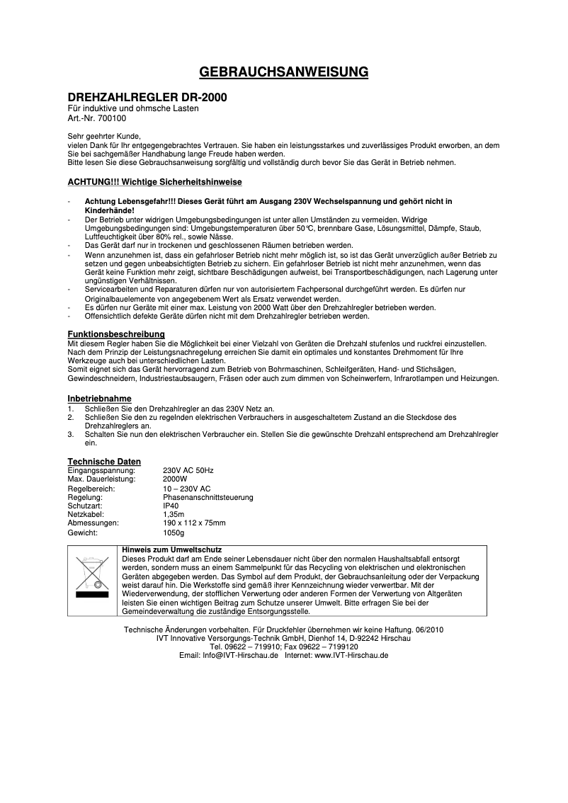 Page 1 de la notice Manuel utilisateur IVT DR-2000