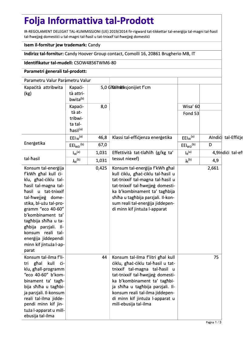 Página 1 del manual Ficha técnica Candy CSOW4856TWM6-80