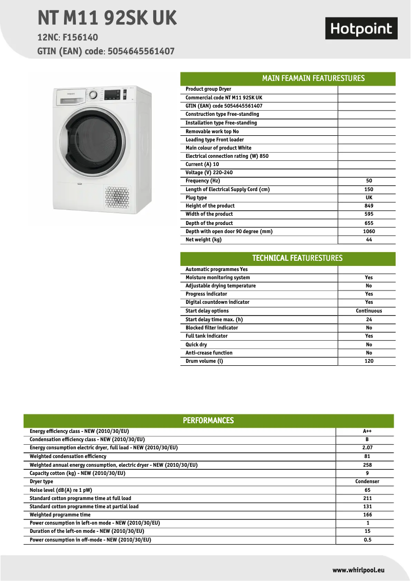 Page n°1 - Fiche technique Hotpoint NT M11 92SK UK