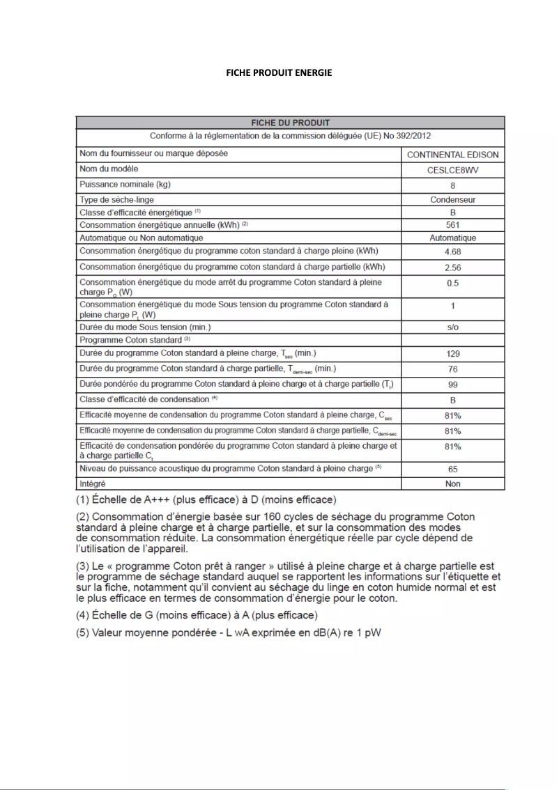 Page 1 de la notice Label énergétique Continental Edison CESLCE8WV
