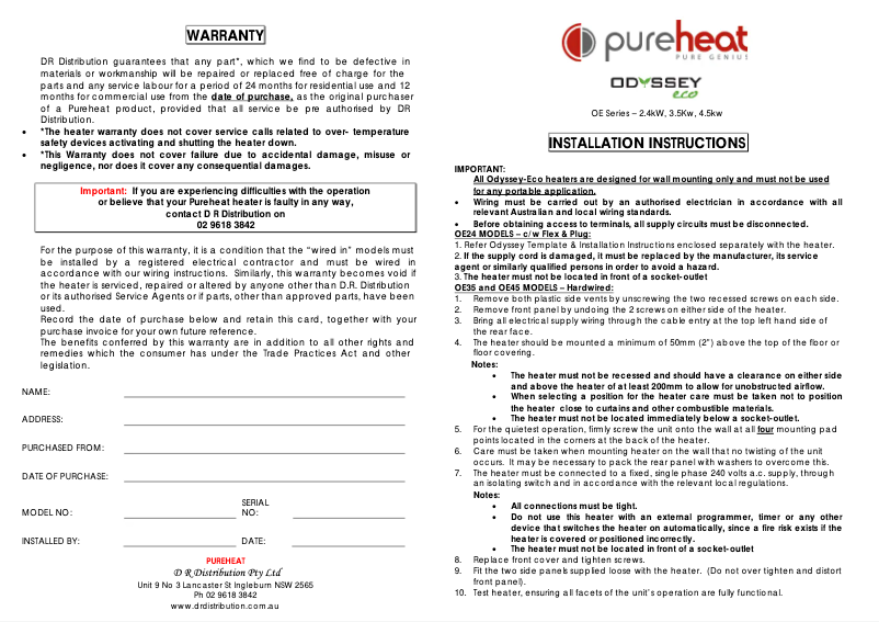 Page 1 de la notice Manuel utilisateur Pureheat Odyssey Eco OE24W
