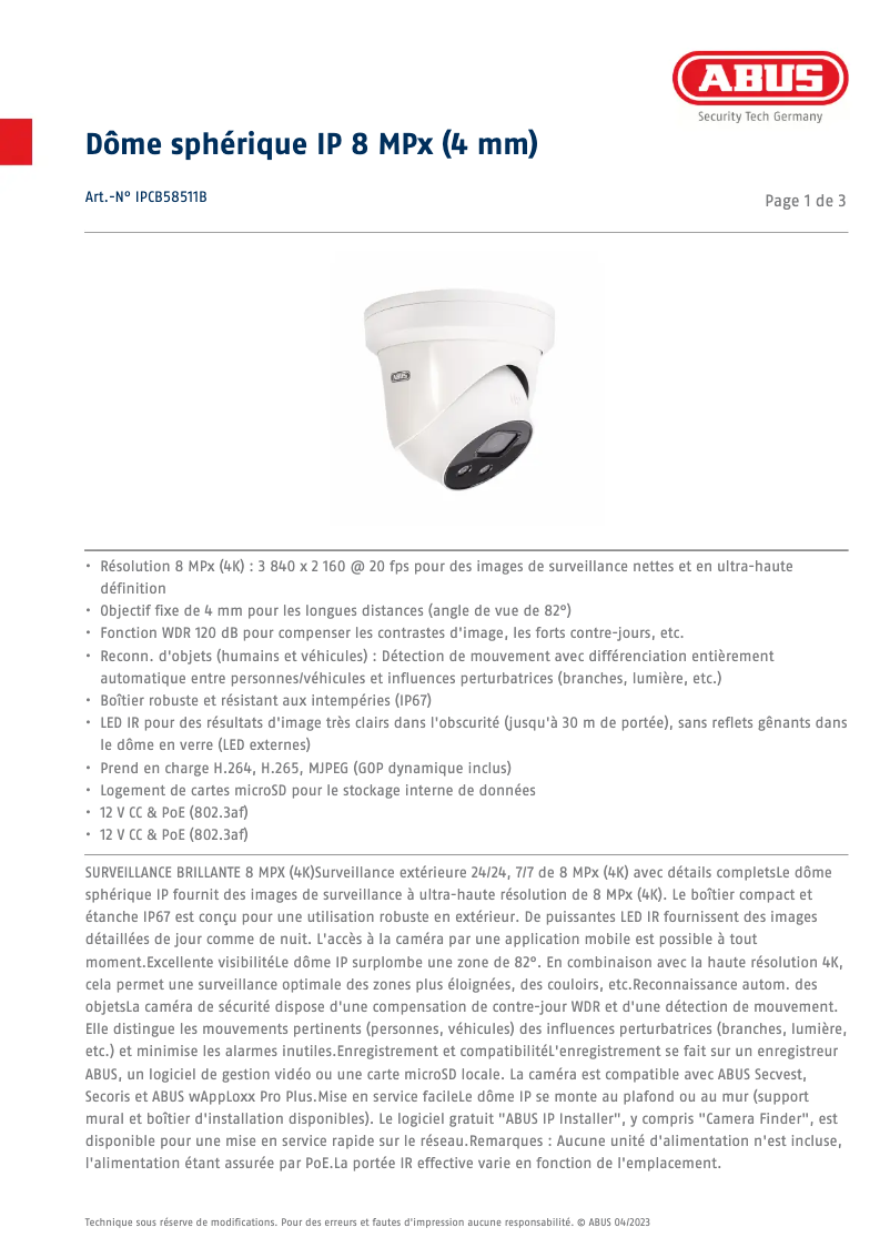 Page n°1 - Fiche technique Abus IPCB58511B