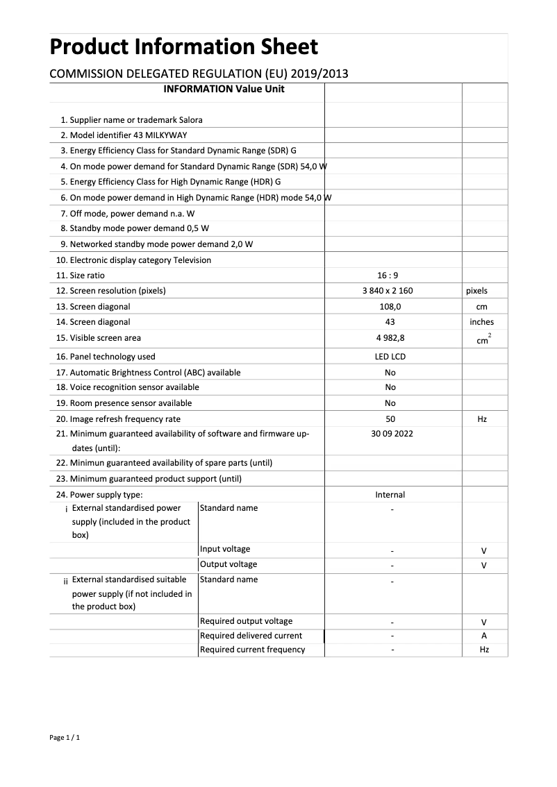 Page 1 de la notice Guide d'installation Salora 43 Milkyway