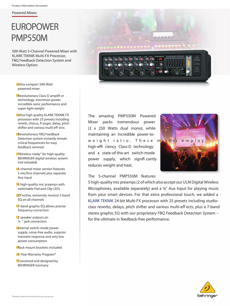 Page 1 de la notice Fiche technique Behringer Europower PMP550M