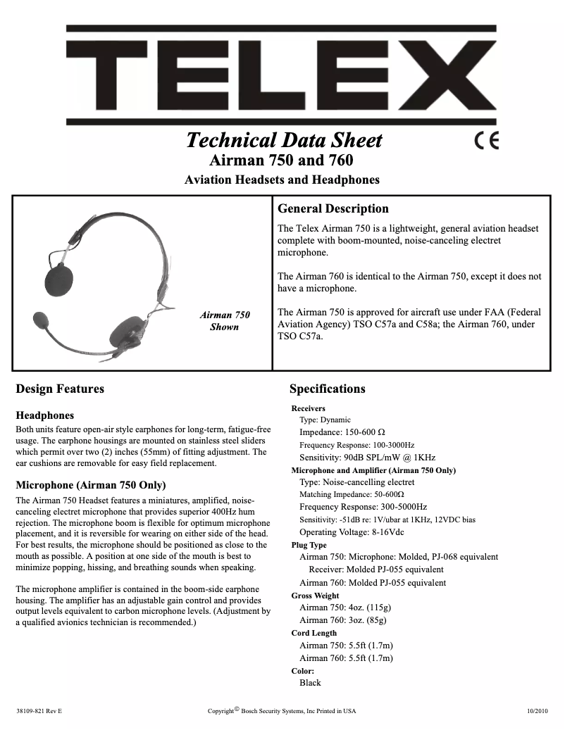Page 1 de la notice Fiche technique Telex Airman 750