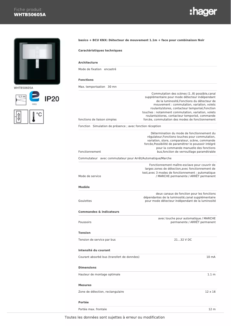 Page 1 de la notice Fiche technique Hager WHTB50605A