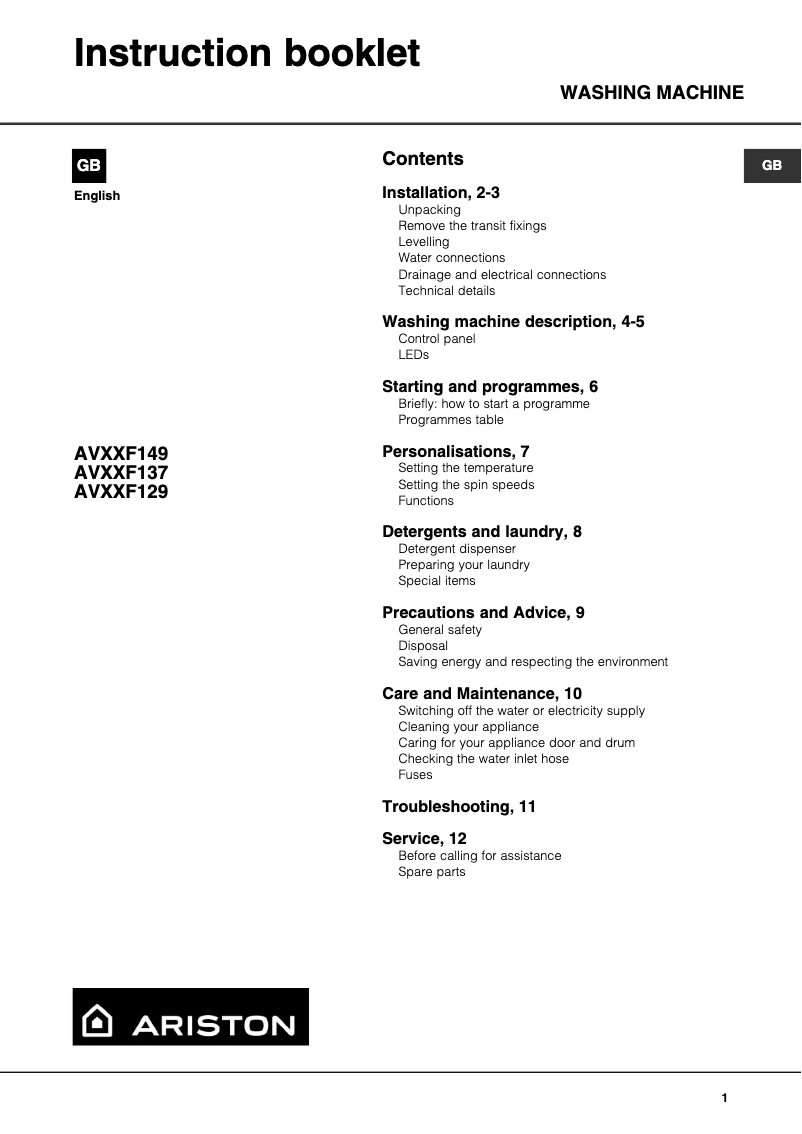 Page 1 de la notice Manuel utilisateur Ariston Thermo AVXXF129