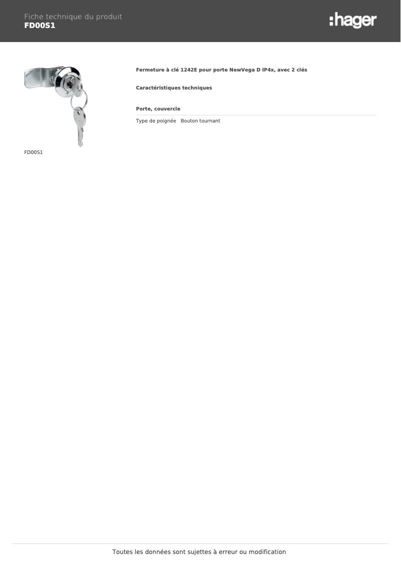 Page n°1 - Fiche technique Hager FD00S1